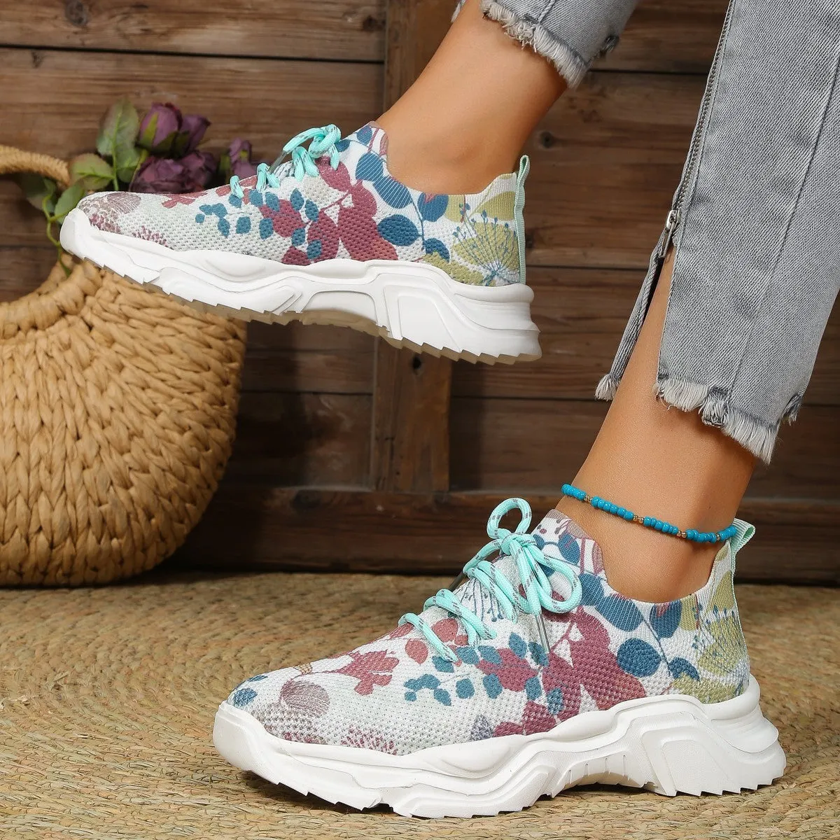 Flyknit casual slip-on running shoes with 3D printed flower design in multiple colours