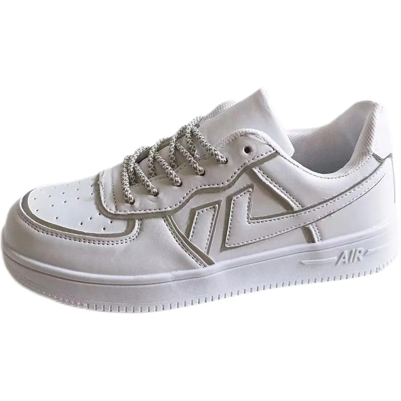 Reflective white unisex low top sneaker with lace up closure, synthetic leather upper, and TPR sole