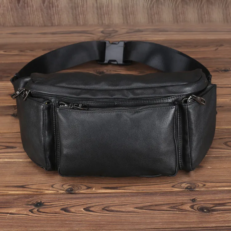 Black cowhide leather messenger bag with large capacity, oval shape, and zipper closure – worn over the shoulder as a crossbody bag