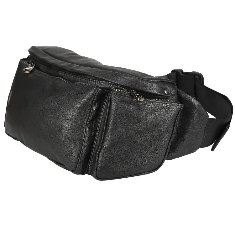 Black cowhide leather messenger bag with large capacity, oval shape, and zipper closure – worn over the shoulder as a crossbody bag