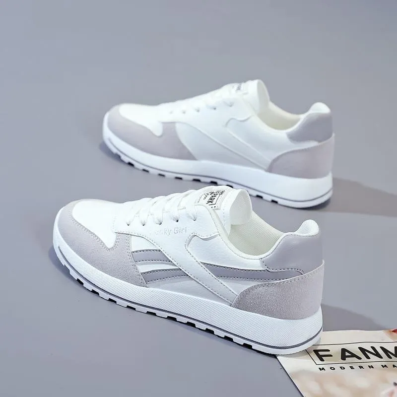 Women's lightweight running sports shoes in white and gray with lace-up front and PU outsole