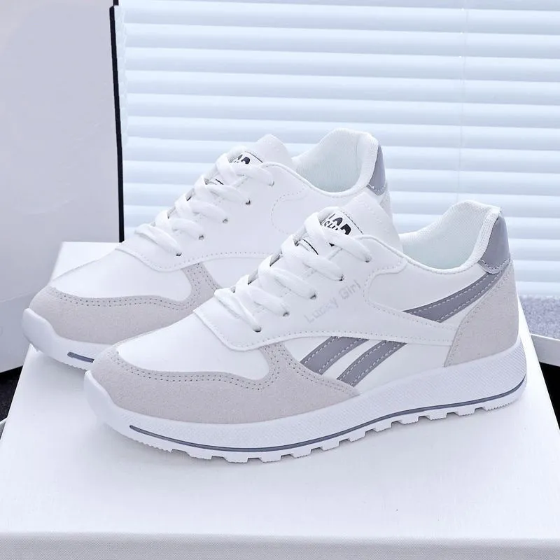 Women's lightweight running sports shoes in white and gray with lace-up front and PU outsole