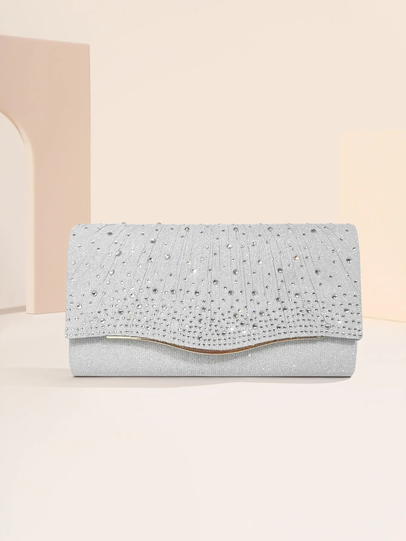 Women's dinner clutch bag in woven fabric with rhinestone dress garment design, available in black, champagne, and silver