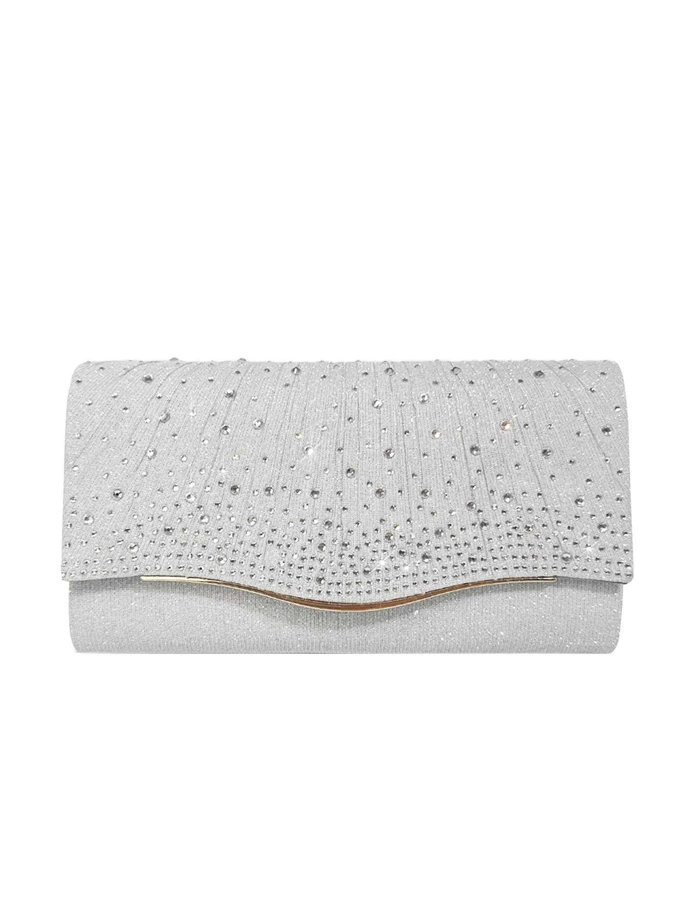 Women's dinner clutch bag in woven fabric with rhinestone dress garment design, available in black, champagne, and silver