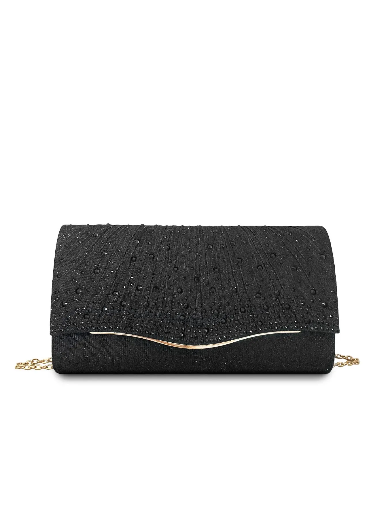 Women's dinner clutch bag in woven fabric with rhinestone dress garment design, available in black, champagne, and silver