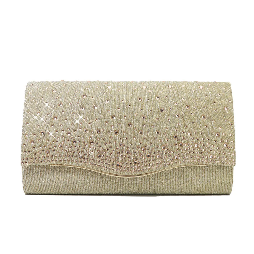 Women's dinner clutch bag in woven fabric with rhinestone dress garment design, available in black, champagne, and silver