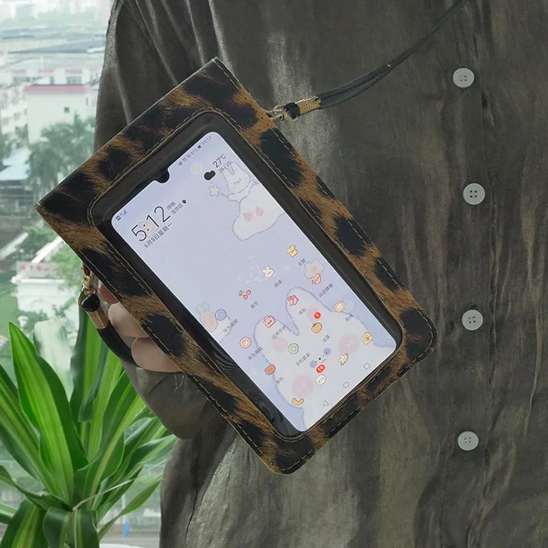 Retro leopard print PU leather phone bag for ladies with crossbody strap and touch screen function