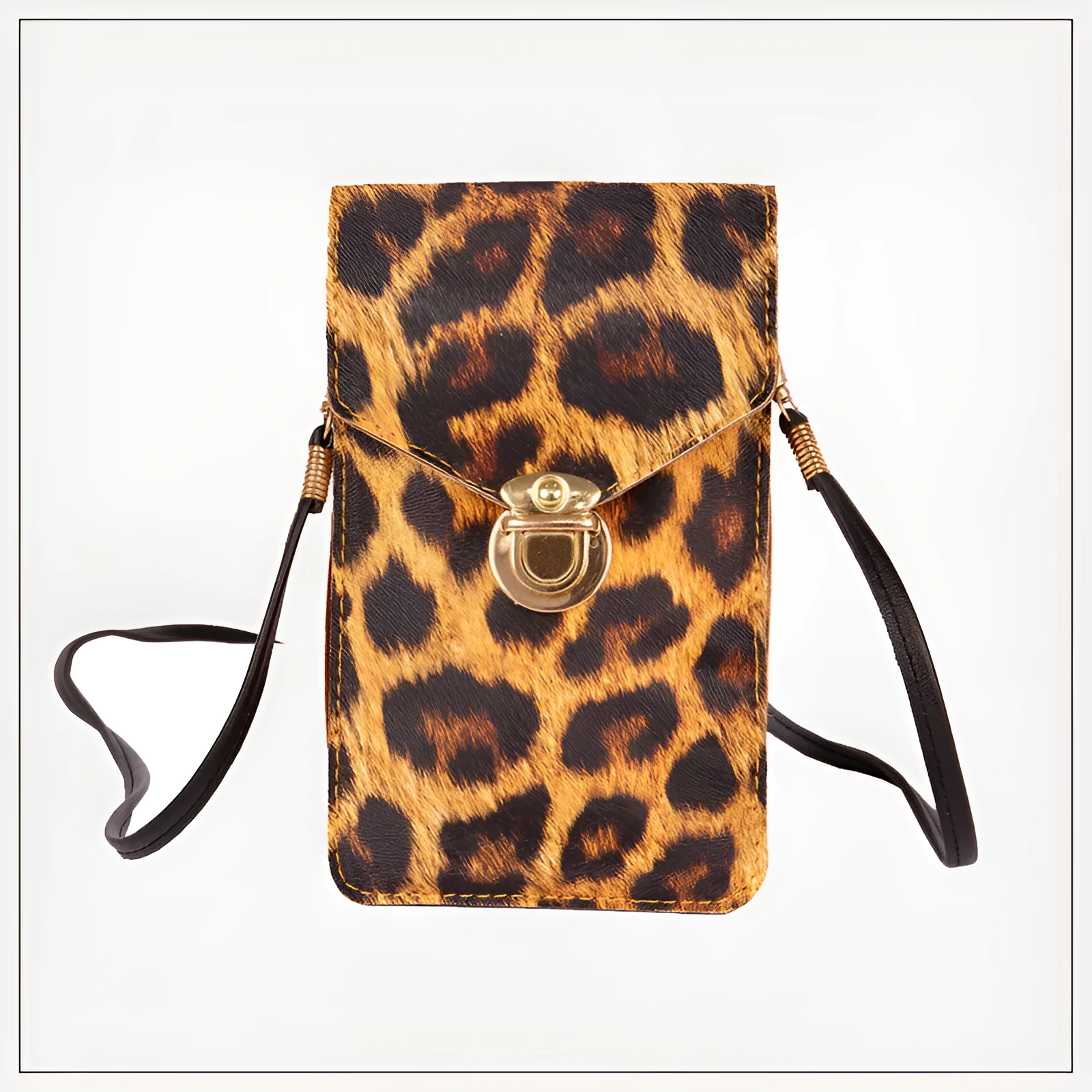 Retro leopard print PU leather phone bag for ladies with crossbody strap and touch screen function