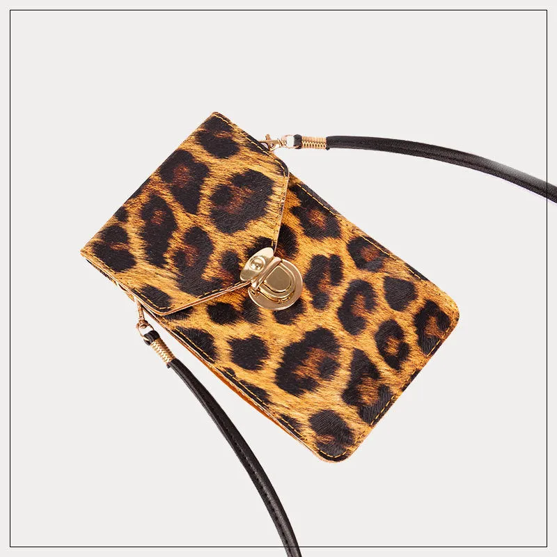 Retro leopard print PU leather phone bag for ladies with crossbody strap and touch screen function