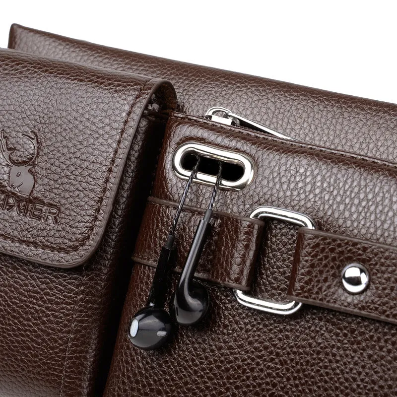 Men's PU leather waist bag small horizontal square waterproof with zipper and belt decoration