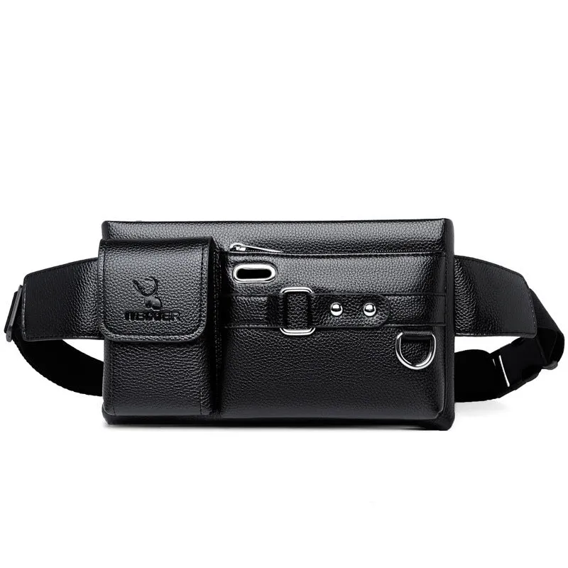 Men's PU leather waist bag small horizontal square waterproof with zipper and belt decoration