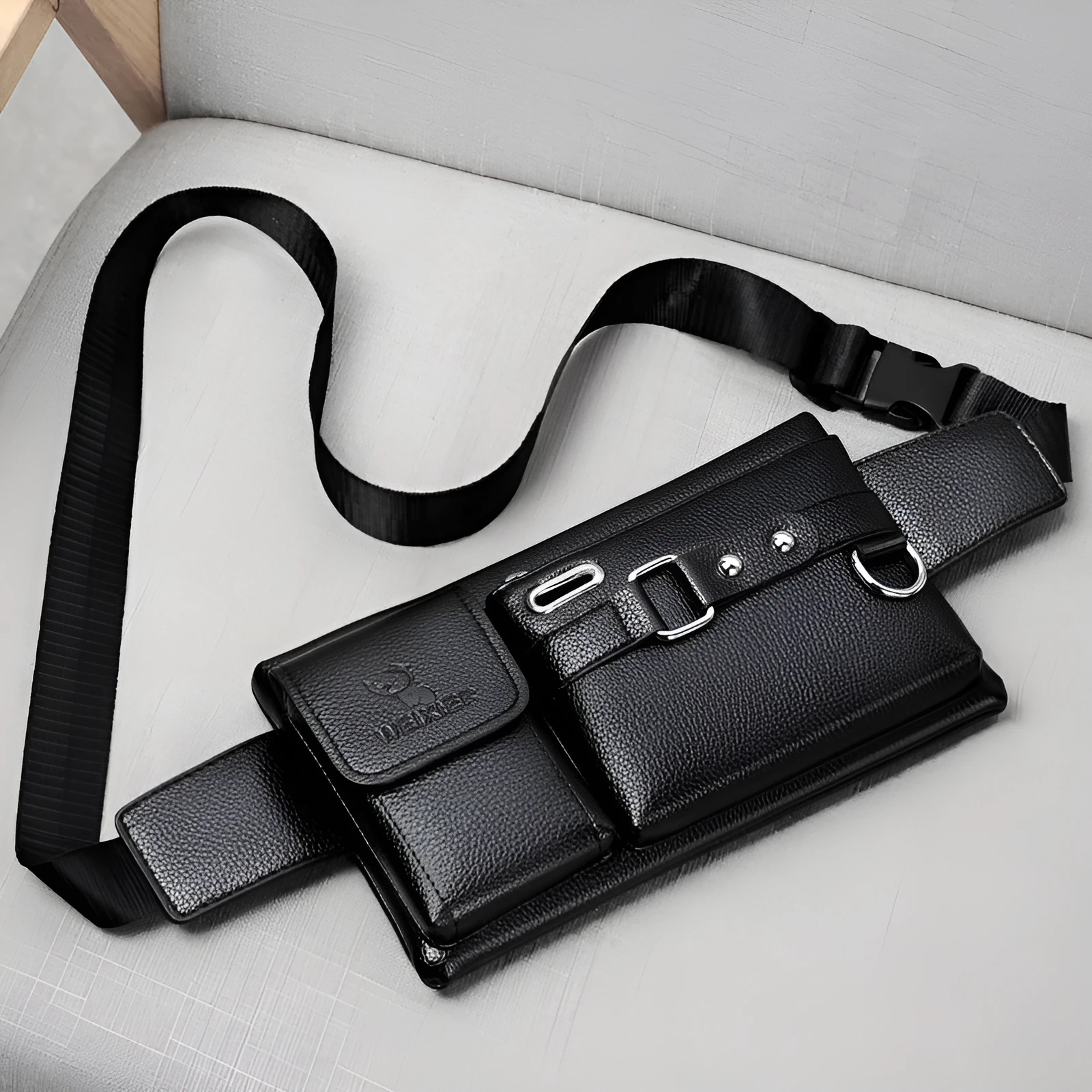 Men's PU leather waist bag small horizontal square waterproof with zipper and belt decoration