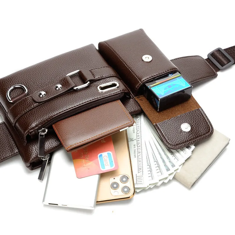 Men's PU leather waist bag small horizontal square waterproof with zipper and belt decoration