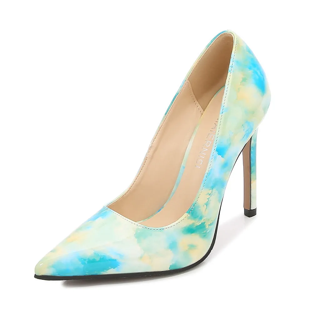 Women's pointed high heels with floral cloth detail, super high heel, available in green blue pink, sizes 35-46