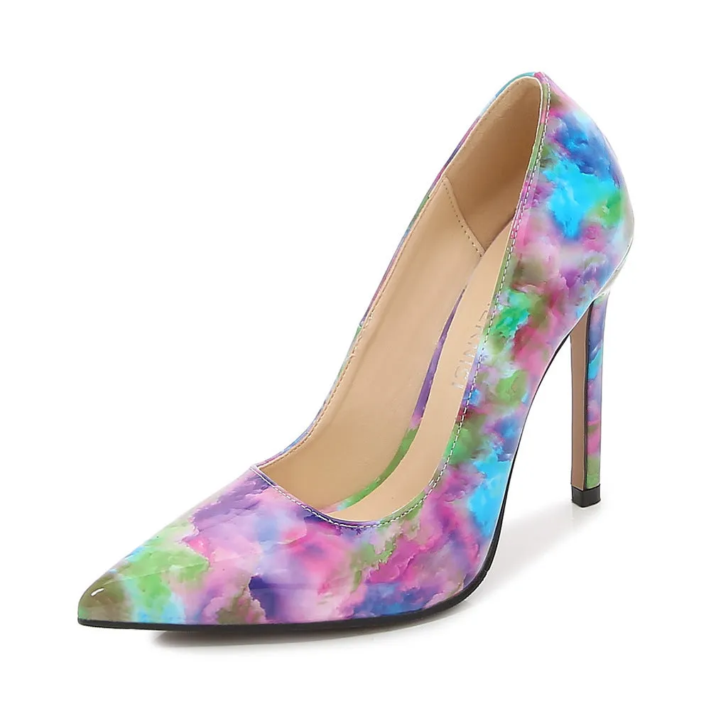 Women's pointed high heels with floral cloth detail, super high heel, available in green blue pink, sizes 35-46