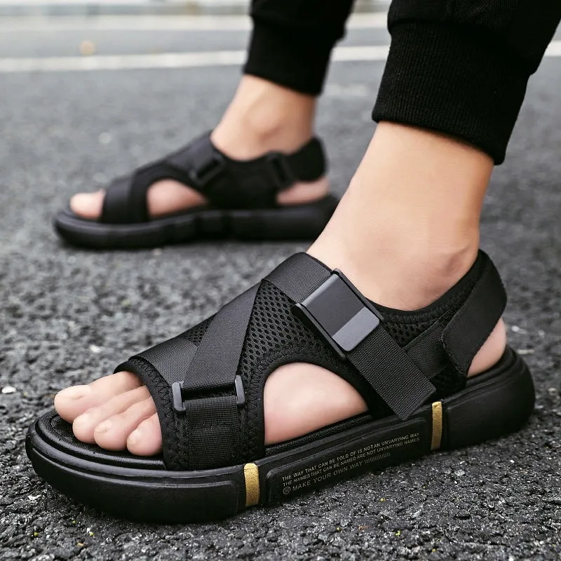 Men's black Velcro open toe beach sandals on a light surface, sizes 39-44
