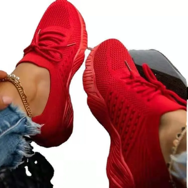 Women's solid colour lace-up flying knitted platform sneakers for outdoor walking, breathable mesh upper