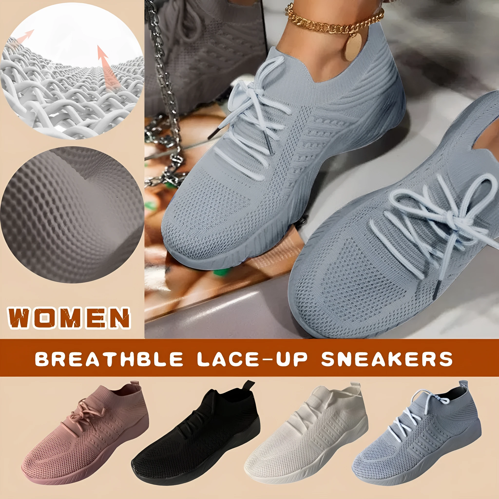 Women's solid colour lace-up flying knitted platform sneakers for outdoor walking, breathable mesh upper