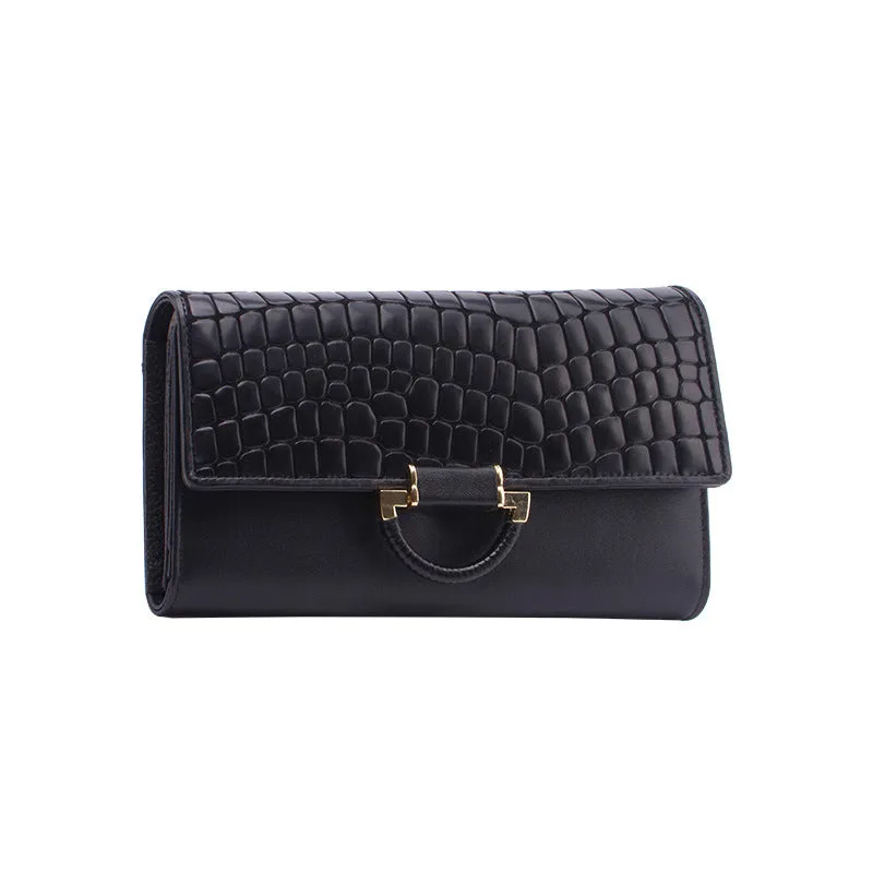 Women's first layer cowhide long wallet with buckle closure, 15 card slots, stone pattern texture, black colour