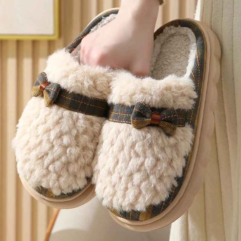 Women's winter plush slippers with bow button, non-slip thick sole, in brown colour