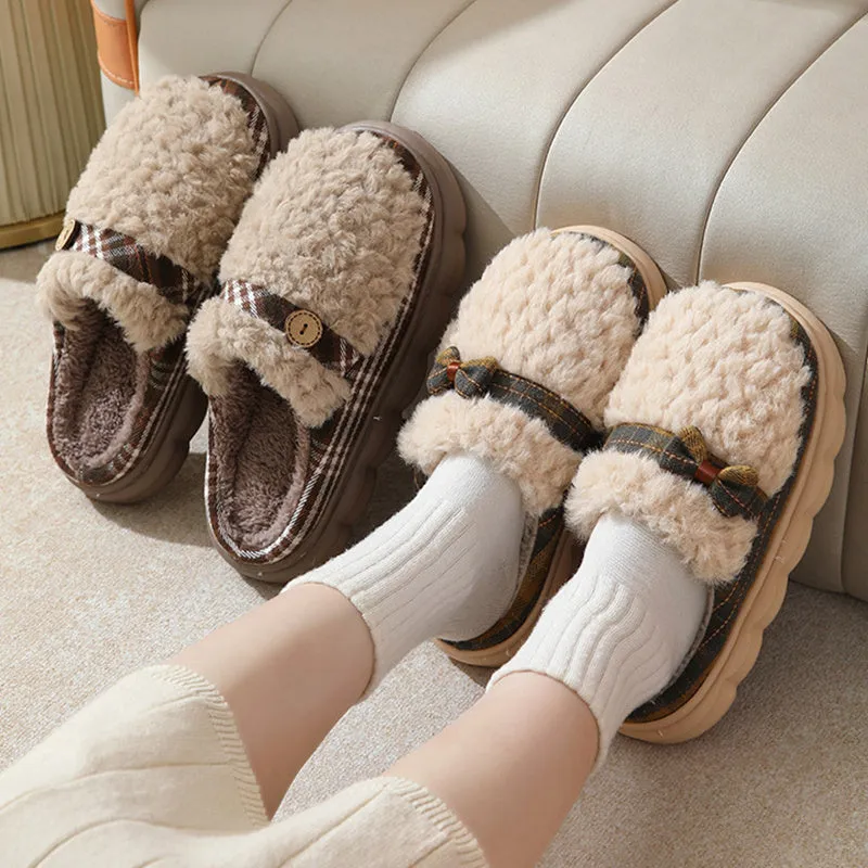 Women's winter plush slippers with bow button, non-slip thick sole, in brown colour