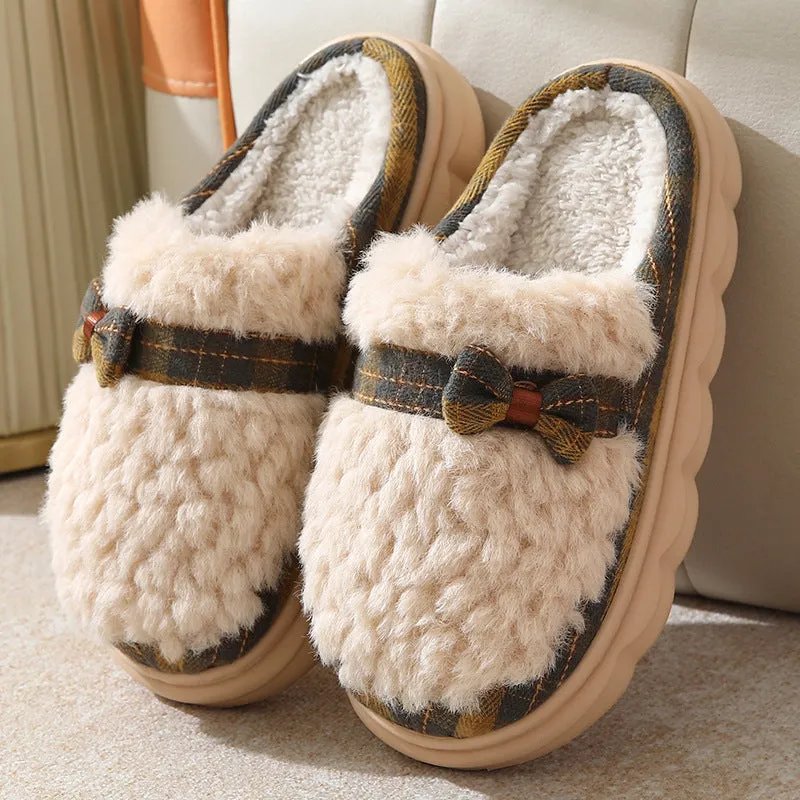 Women's winter plush slippers with bow button, non-slip thick sole, in brown colour