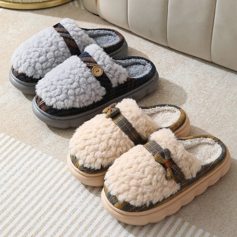 Women's winter plush slippers with bow button, non-slip thick sole, in brown colour