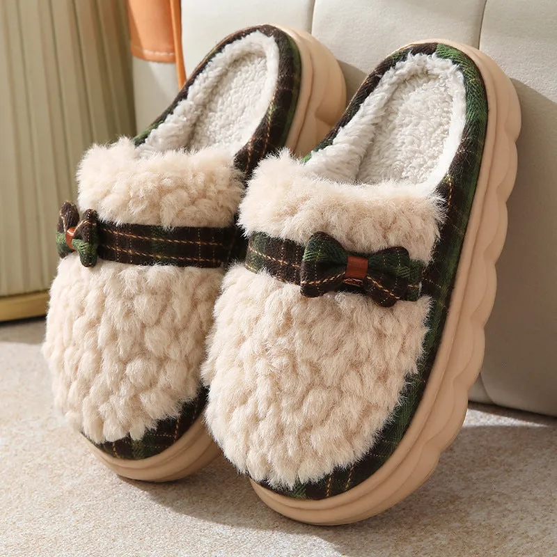 Women's winter plush slippers with bow button, non-slip thick sole, in brown colour