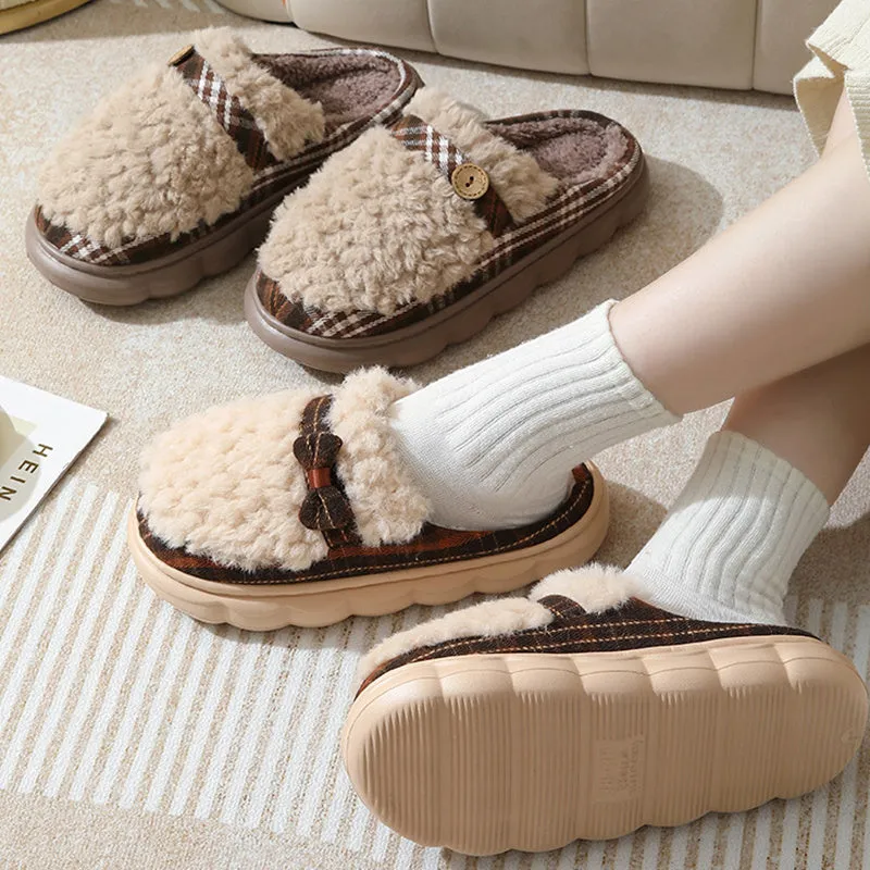 Women's winter plush slippers with bow button, non-slip thick sole, in brown colour