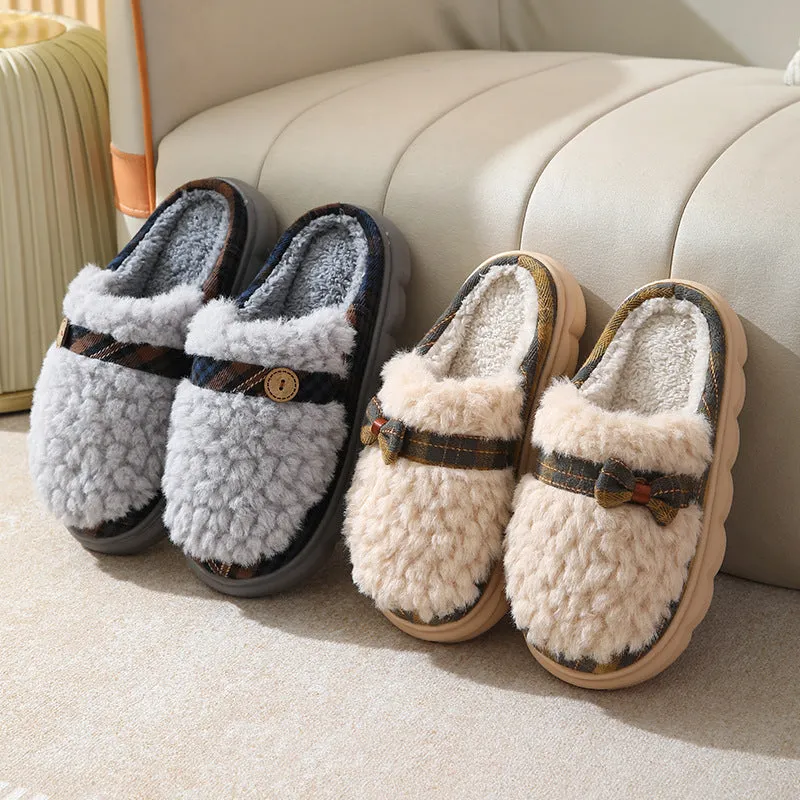 Women's winter plush slippers with bow button, non-slip thick sole, in brown colour