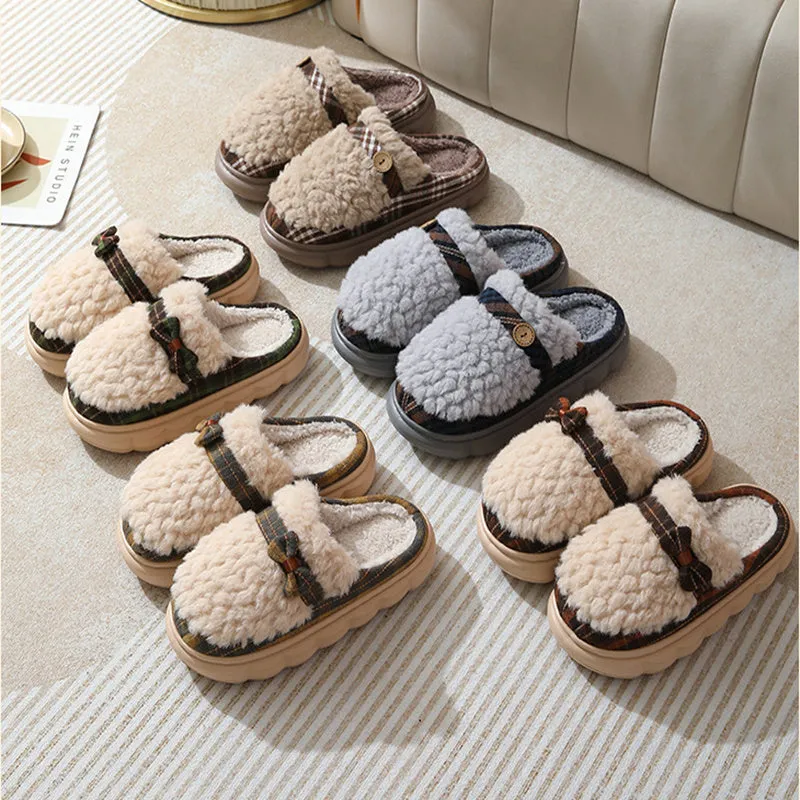 Women's winter plush slippers with bow button, non-slip thick sole, in brown colour