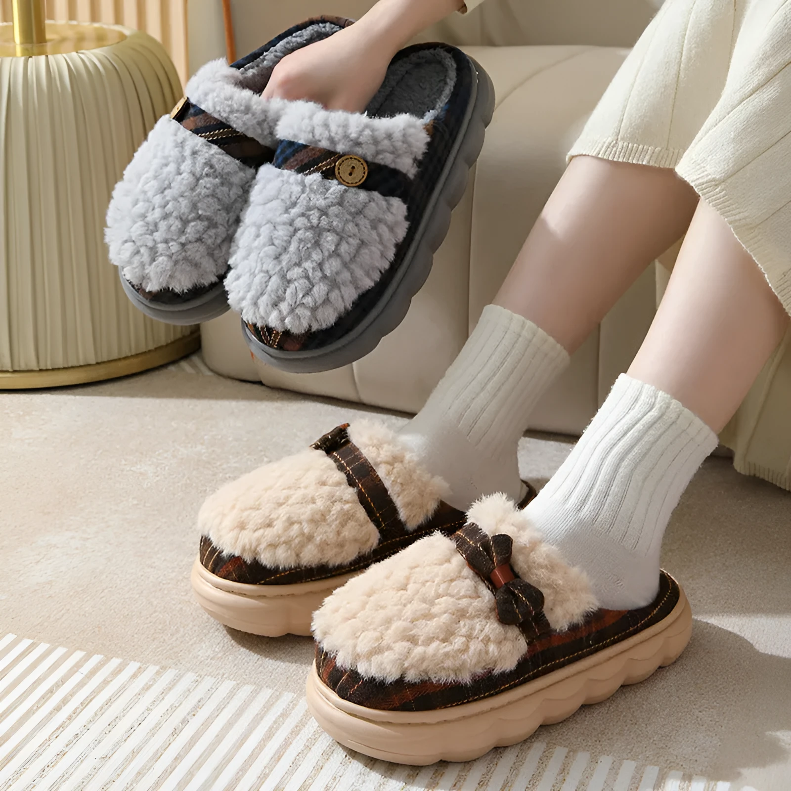 Women's winter plush slippers with bow button, non-slip thick sole, in brown colour