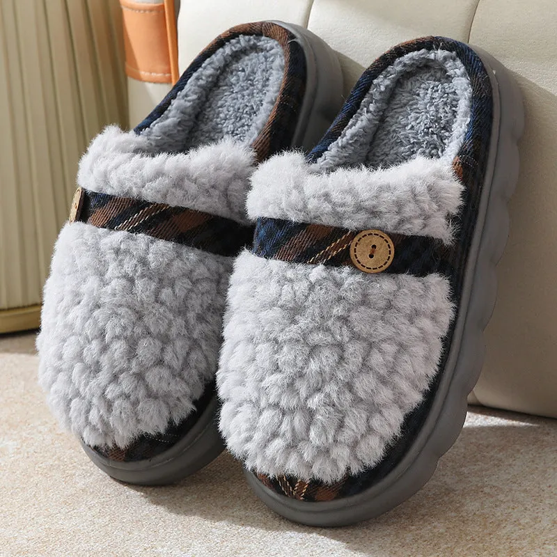 Women's winter plush slippers with bow button, non-slip thick sole, in brown colour