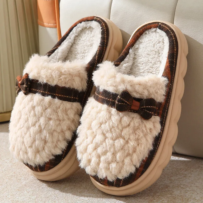 Women's winter plush slippers with bow button, non-slip thick sole, in brown colour