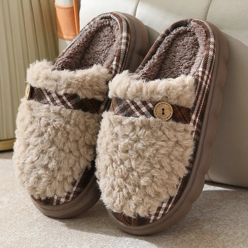 Women's winter plush slippers with bow button, non-slip thick sole, in brown colour