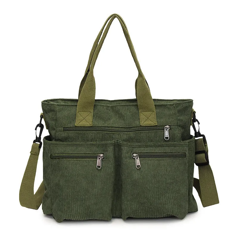 Large capacity corduroy shoulder bag in horizontal square shape with open pocket, 37x14x25cm, available in six colours