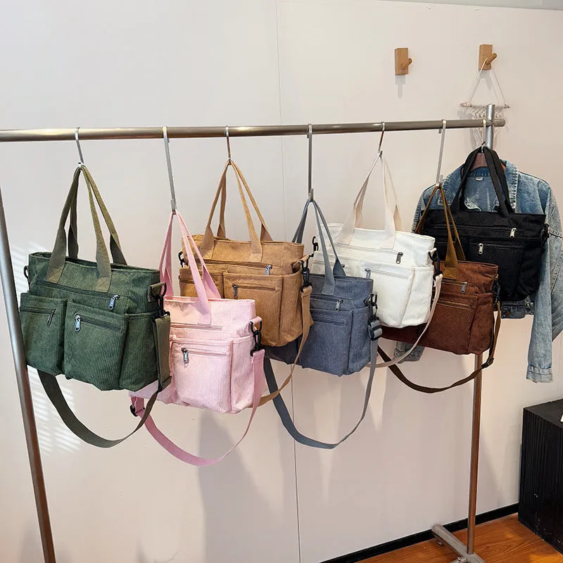 Large capacity corduroy shoulder bag in horizontal square shape with open pocket, 37x14x25cm, available in six colours