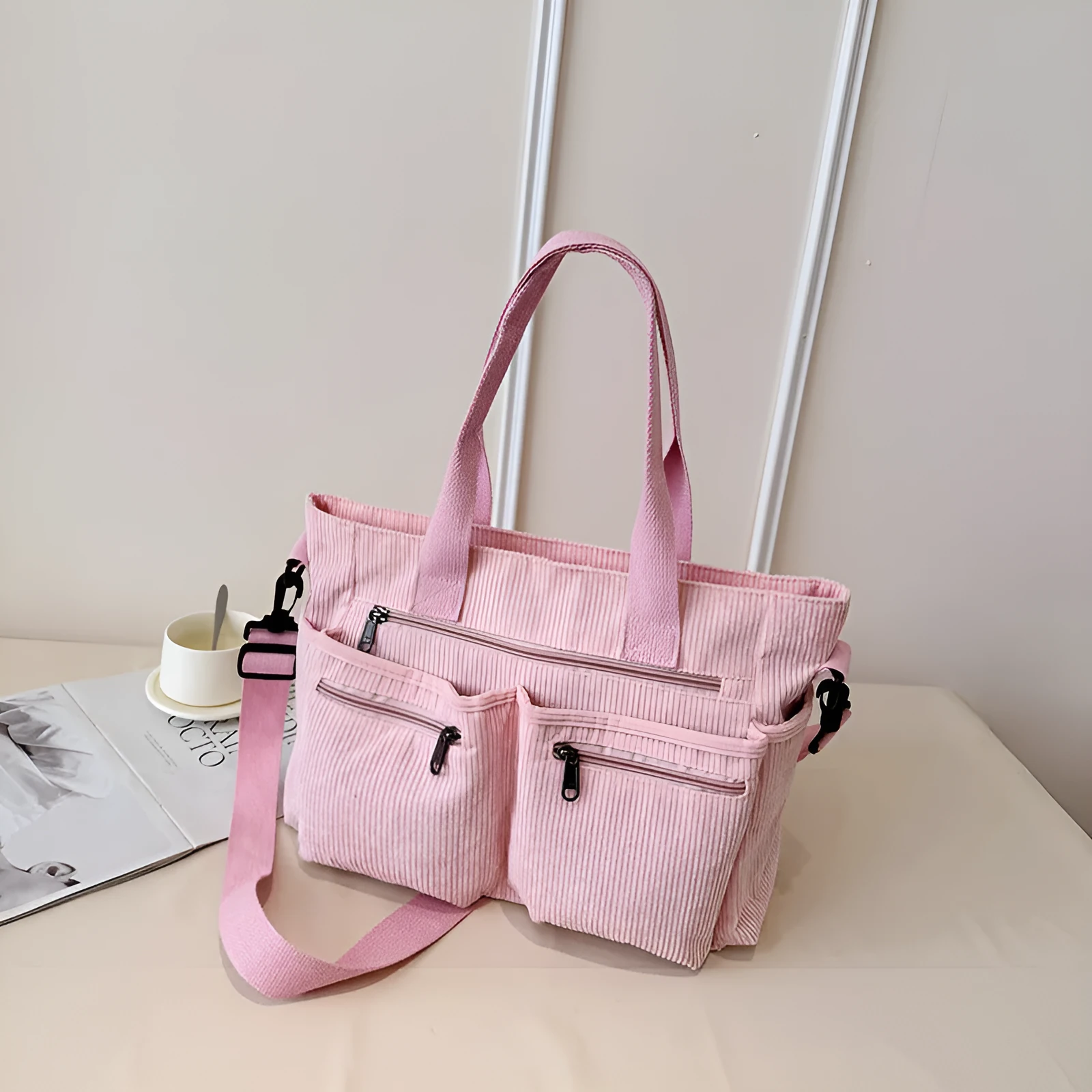 Large capacity corduroy shoulder bag in horizontal square shape with open pocket, 37x14x25cm, available in six colours
