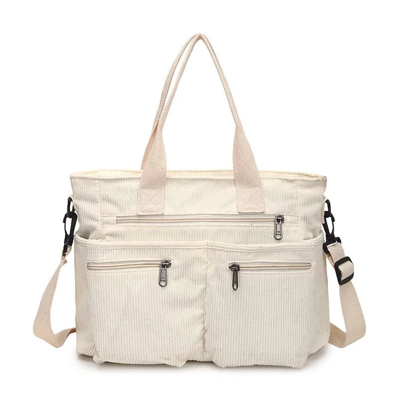 Large capacity corduroy shoulder bag in horizontal square shape with open pocket, 37x14x25cm, available in six colours