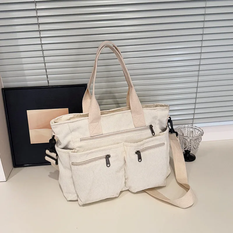 Large capacity corduroy shoulder bag in horizontal square shape with open pocket, 37x14x25cm, available in six colours