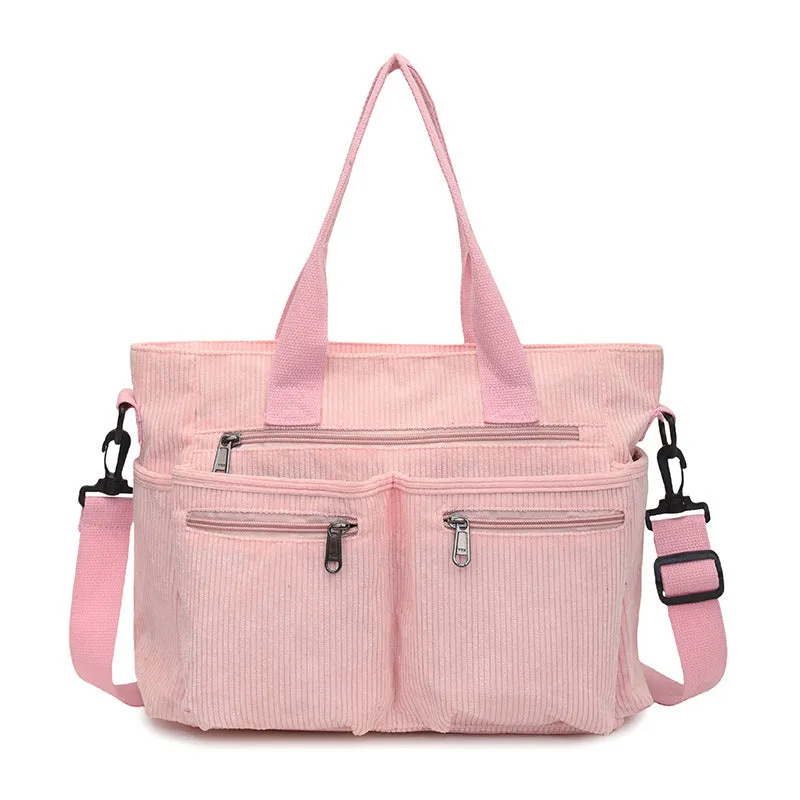 Large capacity corduroy shoulder bag in horizontal square shape with open pocket, 37x14x25cm, available in six colours
