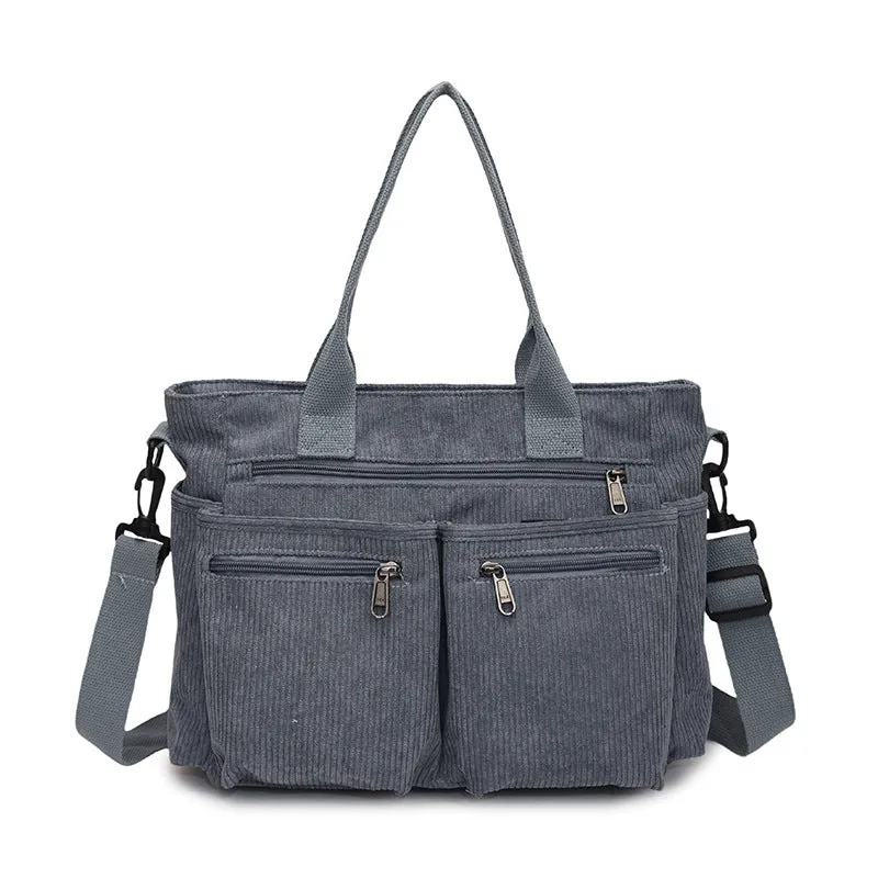 Large capacity corduroy shoulder bag in horizontal square shape with open pocket, 37x14x25cm, available in six colours