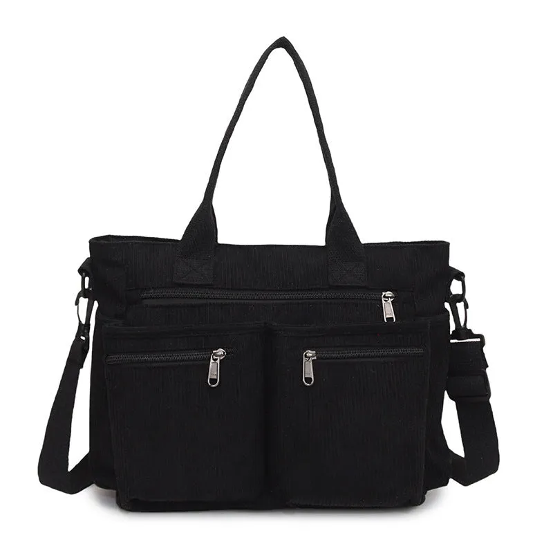 Large capacity corduroy shoulder bag in horizontal square shape with open pocket, 37x14x25cm, available in six colours