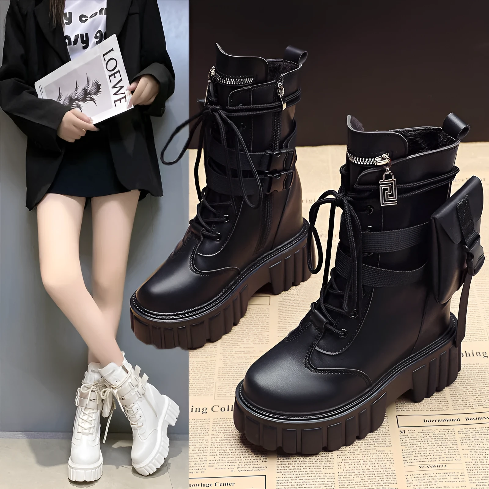 Women's platform mid-calf martin boots in beige with round toe and side zipper