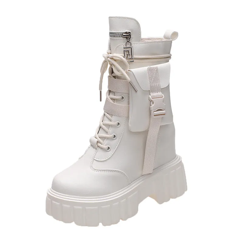 Women's platform mid-calf martin boots in beige with round toe and side zipper