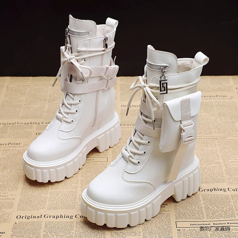 Women's platform mid-calf martin boots in beige with round toe and side zipper