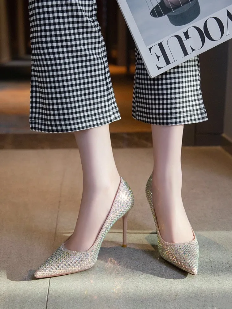 Women's black diamond bird banquet pumps with pointed stiletto heel and PU upper