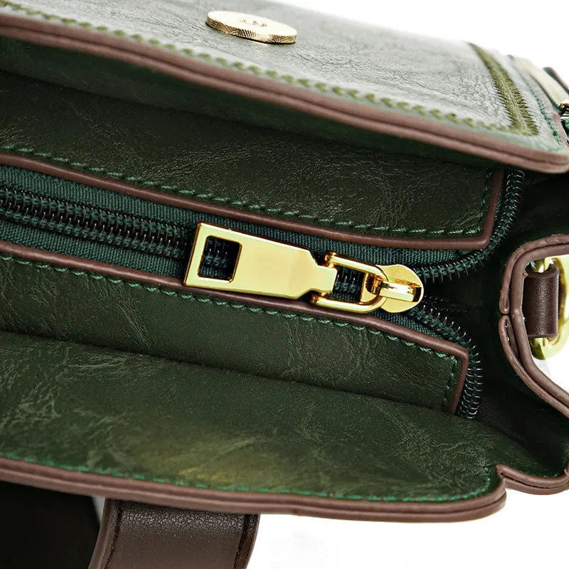 Women's retro soft leather-textured PU shoulder crossbody handbag in brown with sandwich pocket and mobile phone pocket