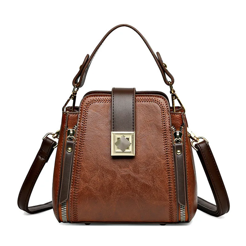 Women's retro soft leather-textured PU shoulder crossbody handbag in brown with sandwich pocket and mobile phone pocket