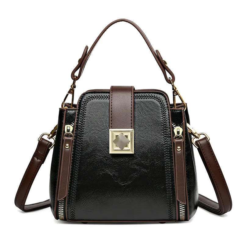 Women's retro soft leather-textured PU shoulder crossbody handbag in brown with sandwich pocket and mobile phone pocket